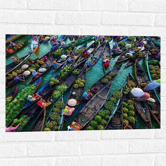 Foto: Muursticker drijvende markt op boten in vietnam 75x50 cm foto op muursticker