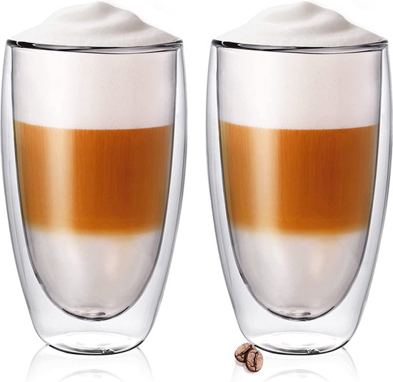 Latte Macchiato glazen, heldere ijskoffieglazen, dubbelwandige koffieglazen, golvend, ijskoffieglas, geribbelde cappuccinoglazen, dubbelwandige glazen voor koffie, sap, melk en bubble thee (4 x 250 ml