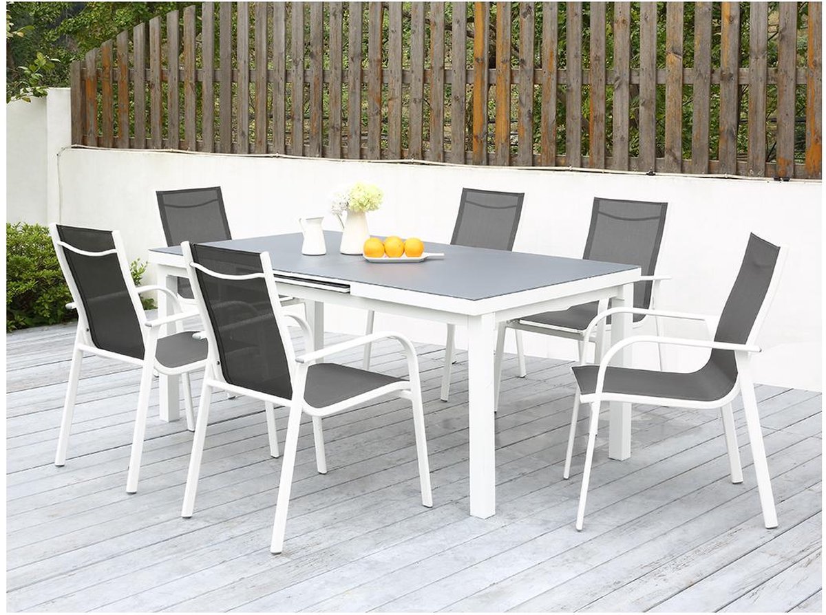 MYLIA Tuineettafel van grijs en witte aluminium : 6 stoelen en uitschuifbare tafel - LINOSA L 240 cm x H 96 cm x D 100 cm