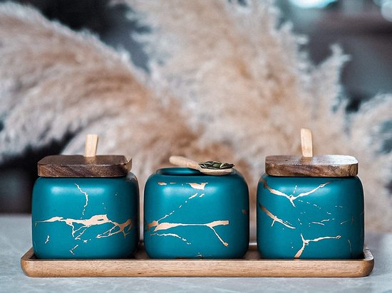 TELANKS Kruidenpotjes, set van 3 keramische suikerpotjes met deksel en lepel voor huis en keuken, alternatief voor kruidenstandaard en kruidenrek voor keuken en eettafel, zwart marmerpatroon