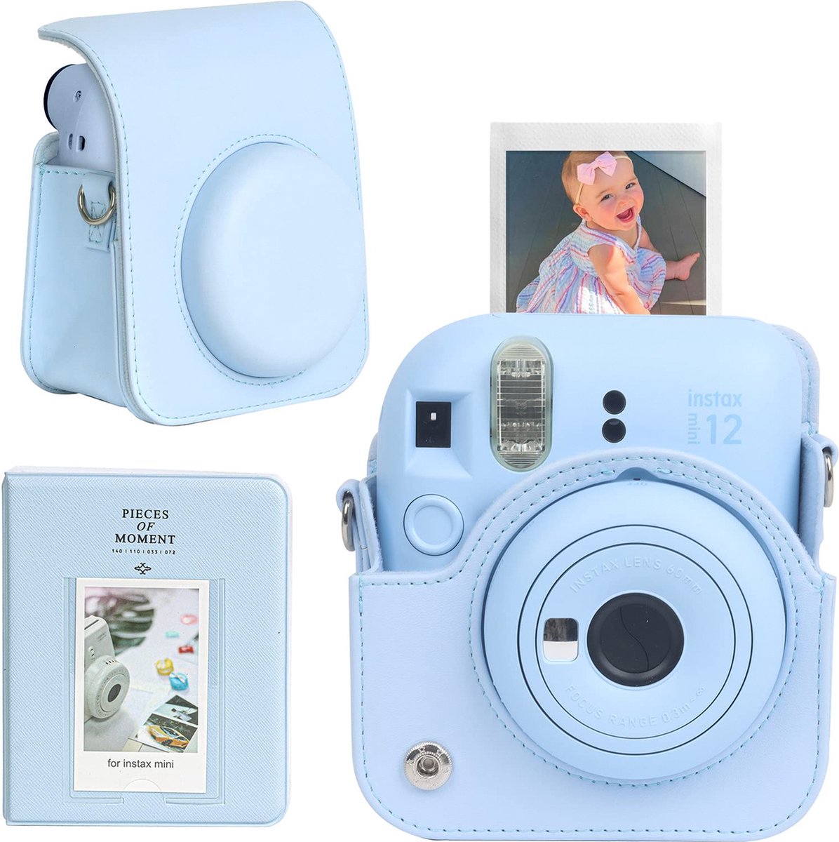 YONO Accessoires Set geschikt voor Fujifilm Instax Mini 12 - Camera Tas met Draagriem - Hoesje en Fotoalbum - Pastel Blauw