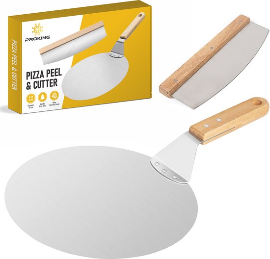 Foto: Proking pizzaschep en pizzasnijder pizzaspatel pizzames wiegemes pizza pizza snijder met houten handvat rvs