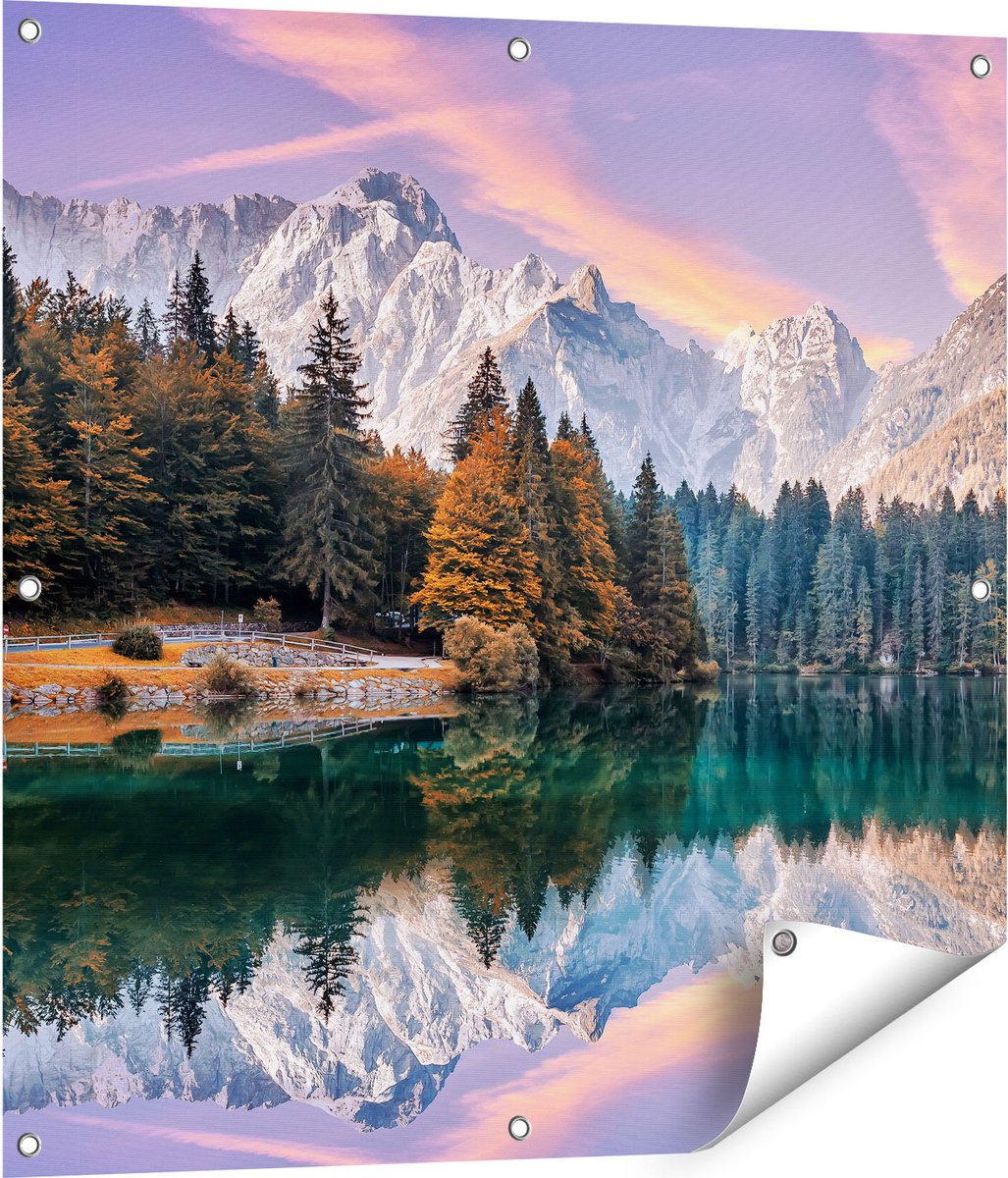 Gards Tuinposter Meer met Weerspiegeling van de Bergen - 80x80 cm - Tuindoek - Tuindecoratie - Wanddecoratie buiten - Tuinschilderij Multikleur