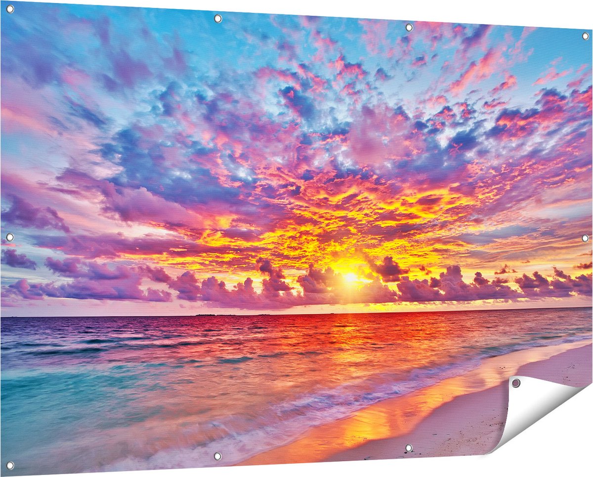 Gards Tuinposter Zonsondergang op het Strand in de Malediven - 150x100 cm - Tuindoek - Tuindecoratie - Wanddecoratie buiten - Tuinschilderij Multikleur