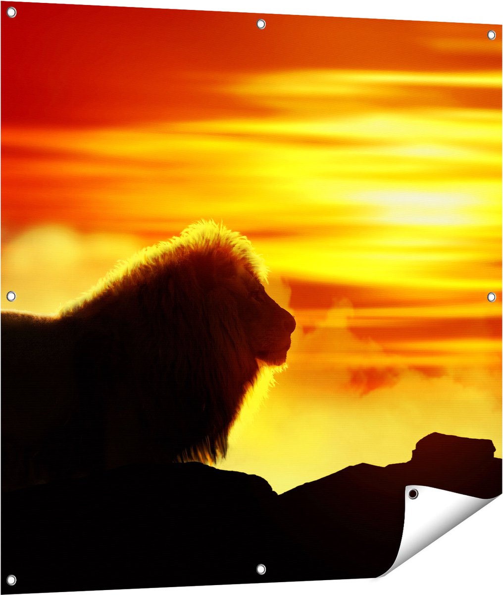 Gards Tuinposter Leeuw en Tijger - Silhouet - Zonsopkomst - 100x100 cm - Tuindoek - Tuindecoratie - Wanddecoratie buiten - Tuinschilderij Multikleur