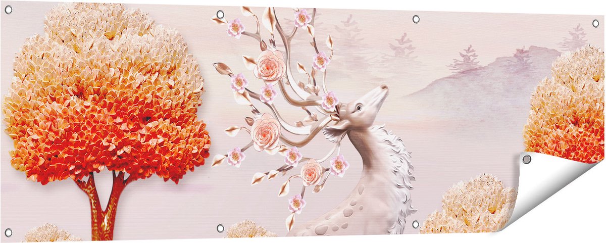 Gards Tuinposter 3D Illustratie Hert - Abstract - 150x50 cm - Tuindoek - Tuindecoratie - Wanddecoratie buiten - Tuinschilderij Multikleur