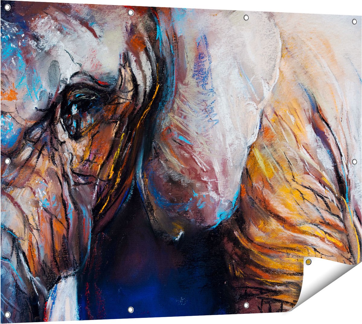 Gards Tuinposter Getekende Olifant van Dichtbij - Abstract - 120x90 cm - Tuindoek - Tuindecoratie - Wanddecoratie buiten - Tuinschilderij Multikleur