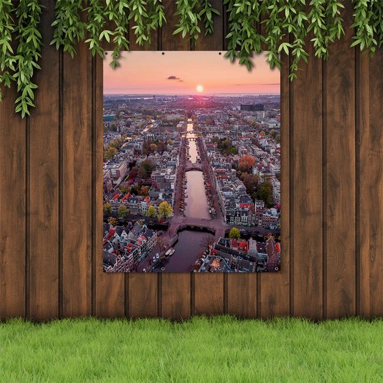 Affiche de jardin Gards Vue de dessus Amsterdam avec coucher de soleil - 120x150 cm - Toile de jardin - Décoration de jardin - Décoration murale extérieure - Peinture de jardin