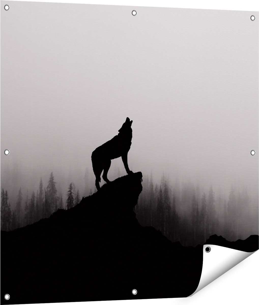 Gards Tuinposter Silhouet van een Huilende Wolf - Abstract - 90x90 cm - Tuindoek - Tuindecoratie - Wanddecoratie buiten - Tuinschilderij Multikleur