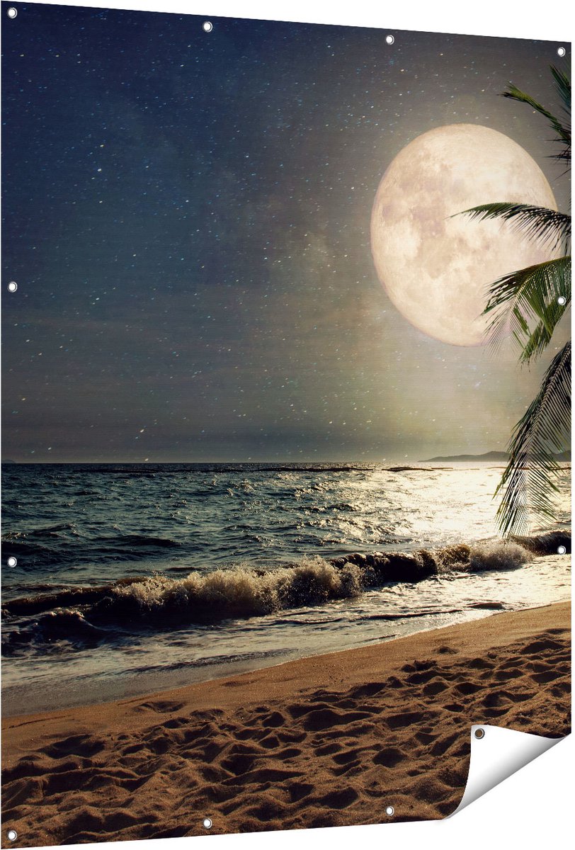 Gards Tuinposter Tropisch Strand in de Nacht met Volle Maan - 120x150 cm - Tuindoek - Tuindecoratie - Wanddecoratie buiten - Tuinschilderij Multikleur