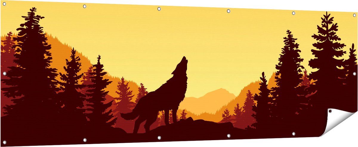 Gards Tuinposter Silhouet van een Wolf in het Bos - Abstract - 210x70 cm - Tuindoek - Tuindecoratie - Wanddecoratie buiten - Tuinschilderij Multikleur