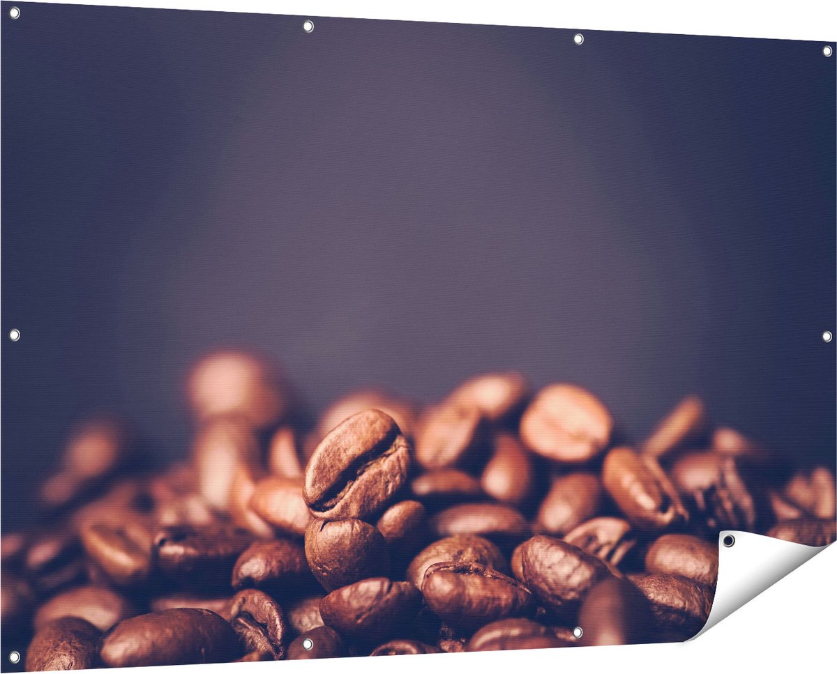 Gards Tuinposter Koffie Bonen op een Zwart Achtergrond - 150x100 cm - Tuindoek - Tuindecoratie - Wanddecoratie buiten - Tuinschilderij Multikleur