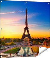 Gards Tuinposter Parijs Eiffeltoren tijdens de Zonsopkomst - 90x90 cm - Tuindoek - Tuindecoratie - Wanddecoratie buiten - Tuinschilderij