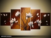 Schilderij -  Magnolia - Bruin, Crème - 150x70cm 5Luik - GroepArt - Handgeschilderd Schilderij - Canvas Schilderij - Wanddecoratie - Woonkamer - Slaapkamer - Geschilderd Door Onze Kunstenaars 2000+Collectie Maatwerk Mogelijk