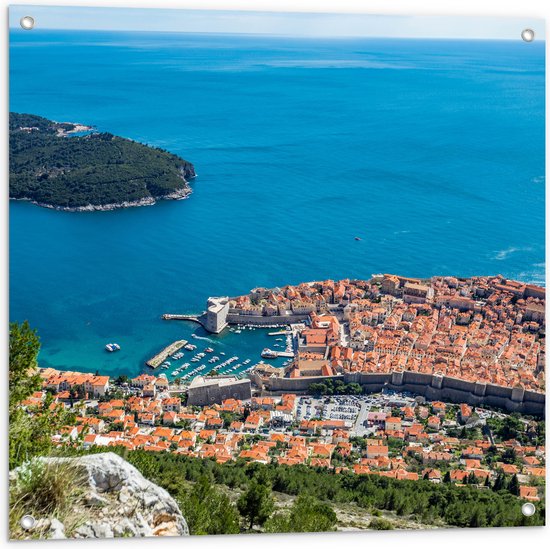 Tuinposter – Uitzicht op Traditionele Gebouwen van Kustplaats Dubrovnik, Kroatië - 80x80 cm Foto op Tuinposter (wanddecoratie voor buiten en binnen)