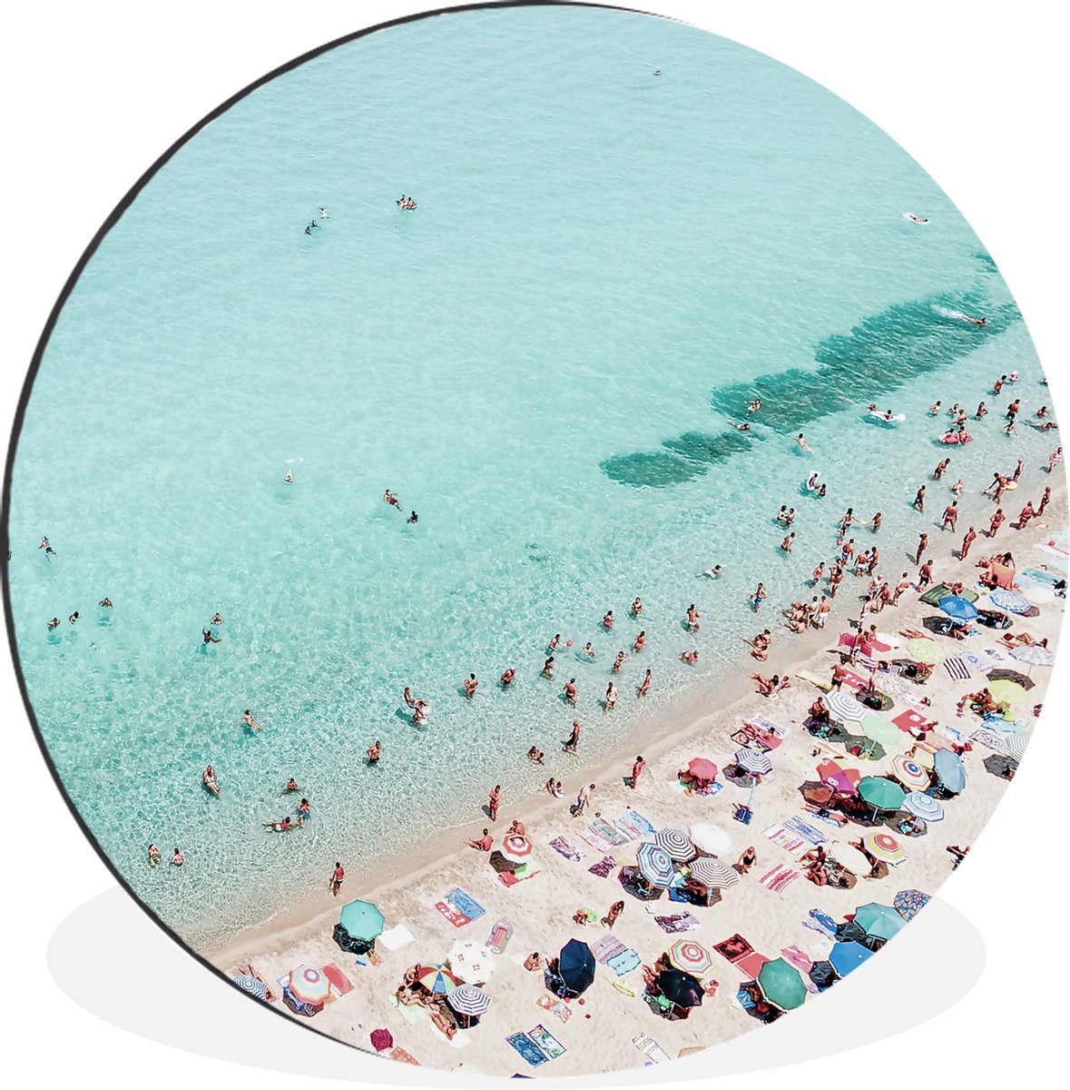 WallCircle - Wandcirkel - Muurcirkel - Zee - Strand - Parasols - Blauw - Zomer - Aluminium - Dibond - 60x60 cm - Binnen en Buiten