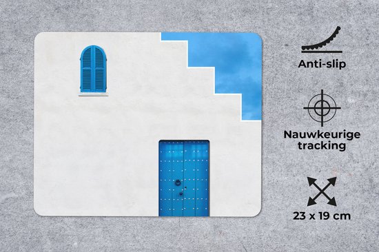Muismat 23x19 cm - Mousepad Huis - Blauw - Wit - Deur - Muismatten
