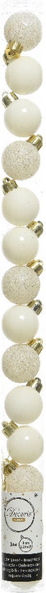 Decoris Mini kerstballen - 14x st - wol wit - D3 cm - kunststof - kerstversiering