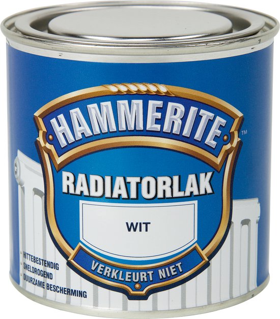 Hammerite Radiatorlak blik wit. Afbeelding van een radiator op het blik.