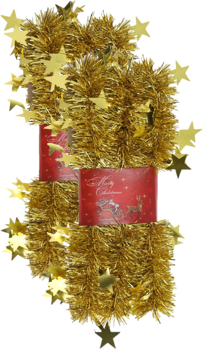2x stuks lametta kerstslingers met sterretjes goud 200 x 6,5 cm - kerstslingers/kerst guirlandes