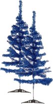 2x stuks kleine ijsblauwe kerstbomen van 90 cm van kunststof met voet - Mini boompjes voor kinderkamer/kantoor