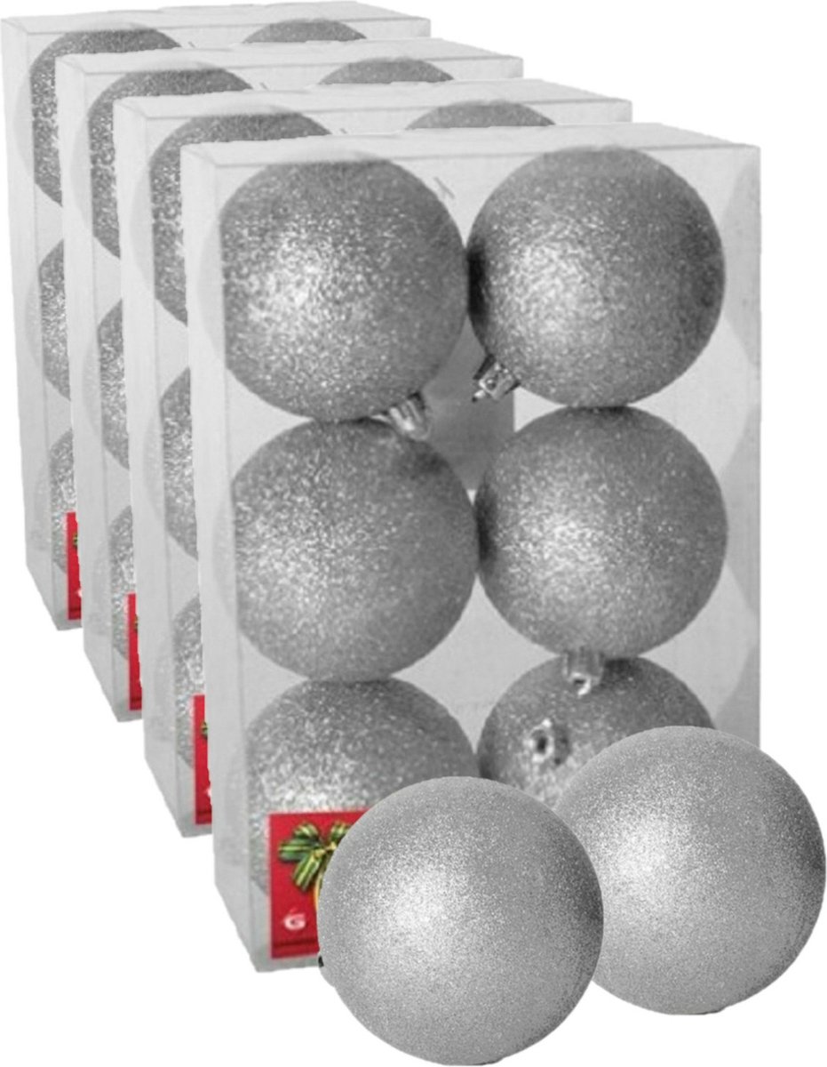 24x stuks kerstballen zilver glitters kunststof diameter 4 cm - Kerstboom versiering