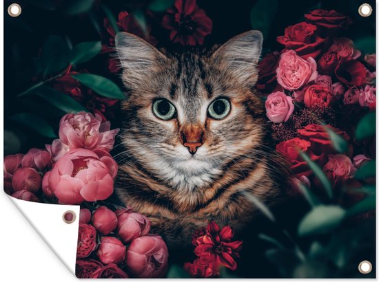 Décoration de Jardin Chat - Fleurs - Feuilles - Botanique - 40x30 cm - Toile de jardin - Poster extérieur