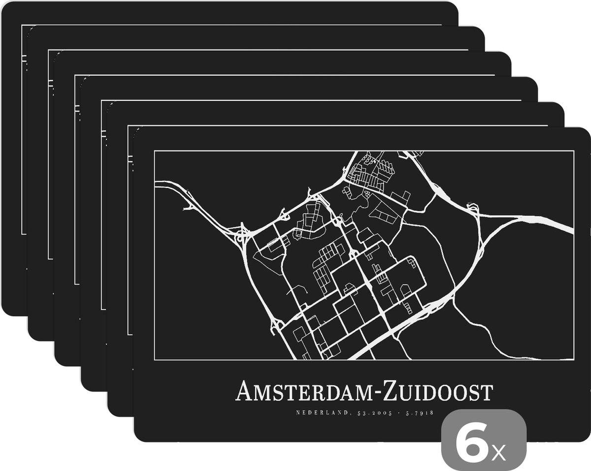 Placemat - Placemats kunststof - Stadskaart - Kaart - Amsterdam-Zuidoost - Plattegrond - 45x30 cm - 6 stuks - Hittebestendig - Anti-Slip - Onderlegger - Afneembaar