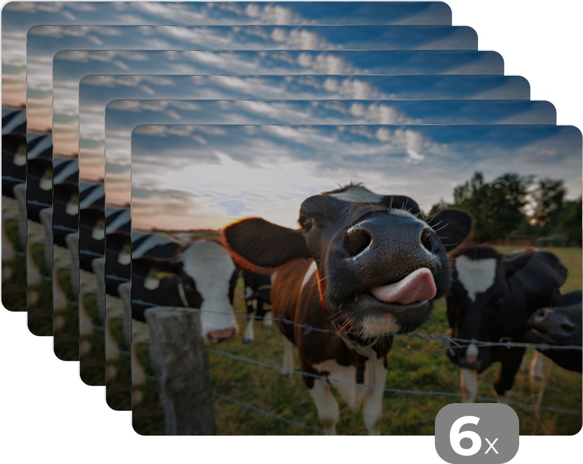 Placemats - Dieren - Koe - Boerderij - Zon - Eettafel - Onderlegger - 45x30 cm - 6 stuks