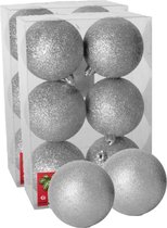 12x stuks kerstballen zilver glitters kunststof diameter 8 cm - Kerstboom versiering