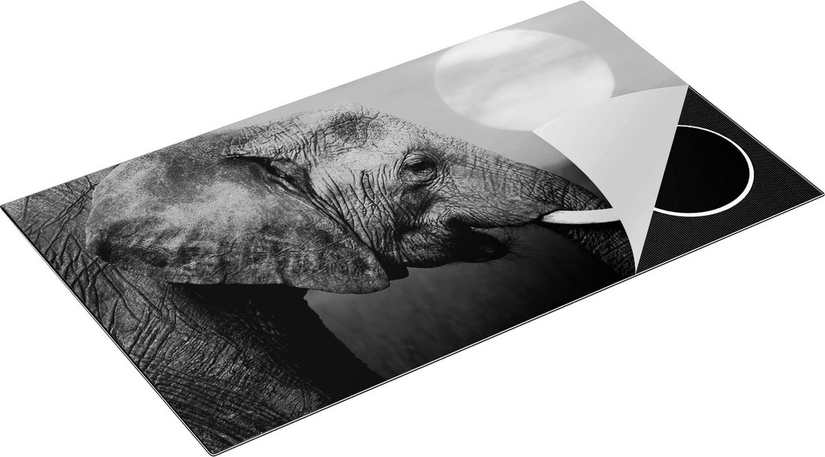 Chefcare Inductie Beschermer Olifantenkop bij Zonsondergang - Olifant - Zwart Wit - 90x55 cm - Afdekplaat Inductie - Kookplaat Beschermer - Inductie Mat