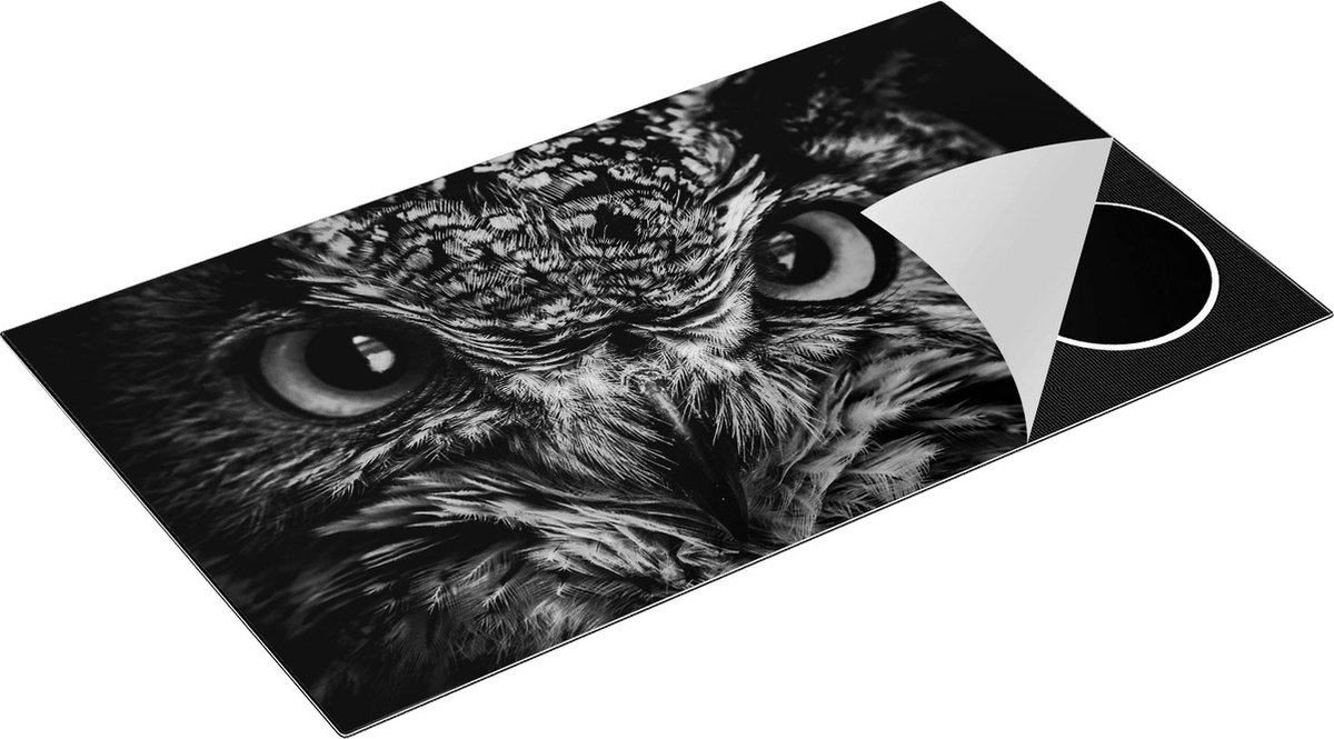 Chefcare Inductie Beschermer Uilenkop met Gele Ogen - Uil - Zwart Wit - 91,2x52 cm - Afdekplaat Inductie - Kookplaat Beschermer - Inductie Mat