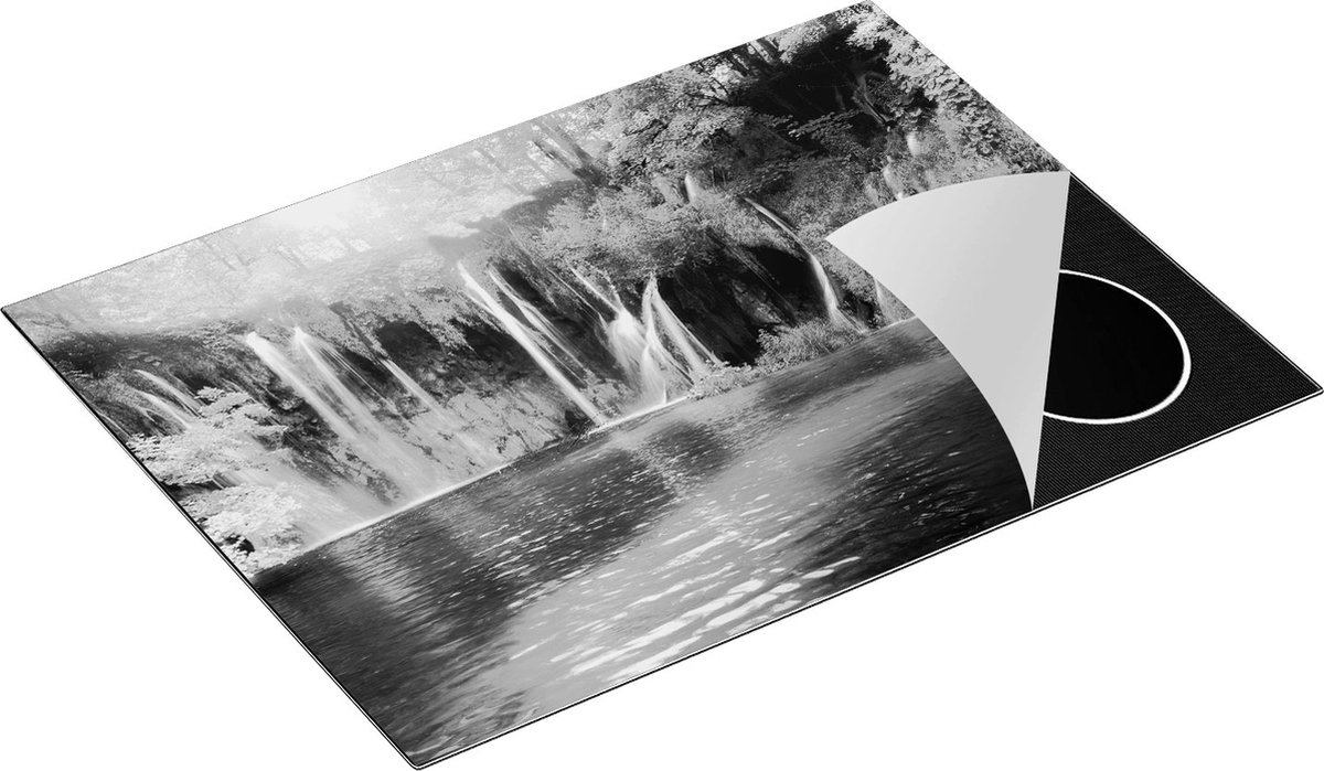 Chefcare Inductie Beschermer Waterval met Roze en Groene Bloemen - Zwart Wit - 70x52 cm - Afdekplaat Inductie - Kookplaat Beschermer - Inductie Mat