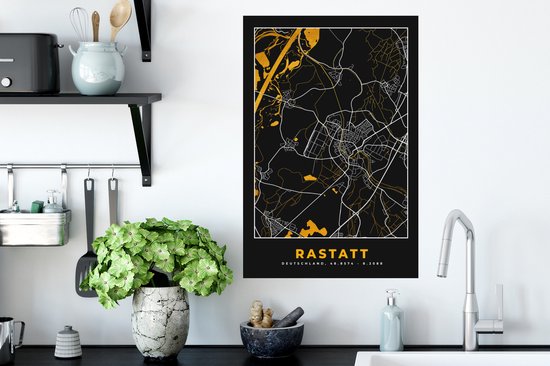 Stickers muraux - Allemagne - Black and Gold et Or - Rastatt - Plan de la ville - Carte - Plan d'étage - 40x60 cm - Feuille adhésive