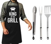 Ensemble d'outils pour BBQ/ barbecue 3 pièces en acier inoxydable - Avec tablier de BBQ noir King of the grill - Cadeau de la Vaderdag