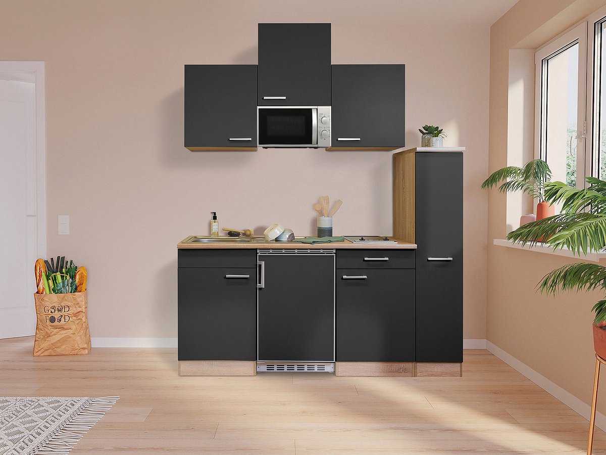 Goedkope keuken 180 cm - complete kleine keuken met apparatuur Luis - Eiken/Zwart - elektrische kookplaat - koelkast - magnetron - mini keuken - compacte keuken - keukenblok met apparatuur