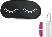 Slaapmasker met slapende oogjes zwart/wit inclusief roze oordopjes - one size - slaapmaskertje / oogmasker