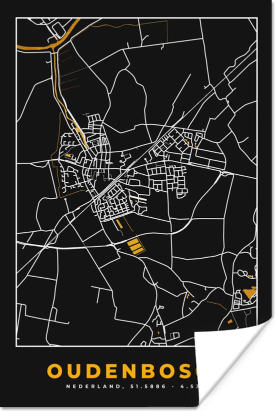 Poster Plattegrond - Oudenbosch - Black & gold - Kaart - Stadskaart - 120x180 cm XXL