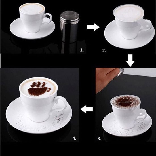 Stapsgewijze afbeelding: koffiekopje, strooier, stencil op kopje, cacao strooien, koffie met stencil van kopje.