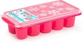 Tray met dikke grote ronde blokken van 6.5 cm ijsblokjes/ijsklontjes vormpjes 10 vakjes kunststof roze met afsluit deksel