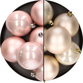 12x stuks kunststof kerstballen 8 cm mix van lichtroze en champagne - Kerstversiering