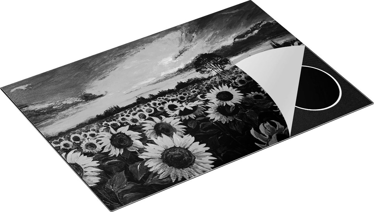 Chefcare Inductie Beschermer Getekende Zonnebloemen Veld met Olieverf - Zwart Wit - 77x51 cm - Afdekplaat Inductie - Kookplaat Beschermer - Inductie Mat
