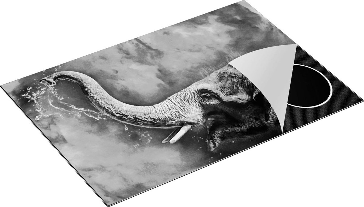 Chefcare Inductie Beschermer Getekende Vrolijke Olifant - Abstract - Zwart Wit - 75x50 cm - Afdekplaat Inductie - Kookplaat Beschermer - Inductie Mat
