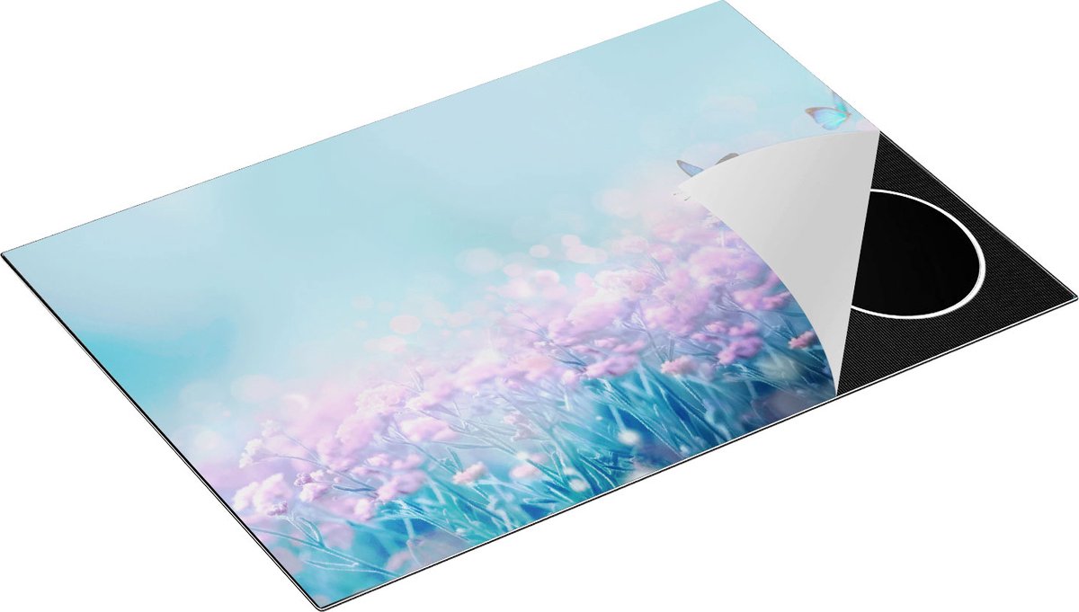 Chefcare Inductie Beschermer Twee Blauwe Vlinders bij Roze Bloemen - 77x51 cm - Afdekplaat Inductie - Kookplaat Beschermer - Inductie Mat