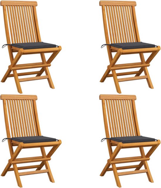 vidaXL - Tuinstoelen - 4 - st - met - antracietkleurige - kussens - massief - teakhout