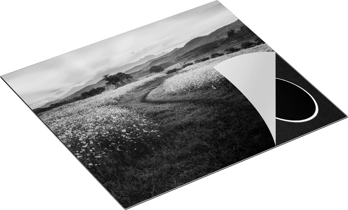 Chefcare Inductie Beschermer Kosmos Bloemenveld met een Pad - Bloemen - Zwart Wit - 60x52 cm - Afdekplaat Inductie - Kookplaat Beschermer - Inductie Mat