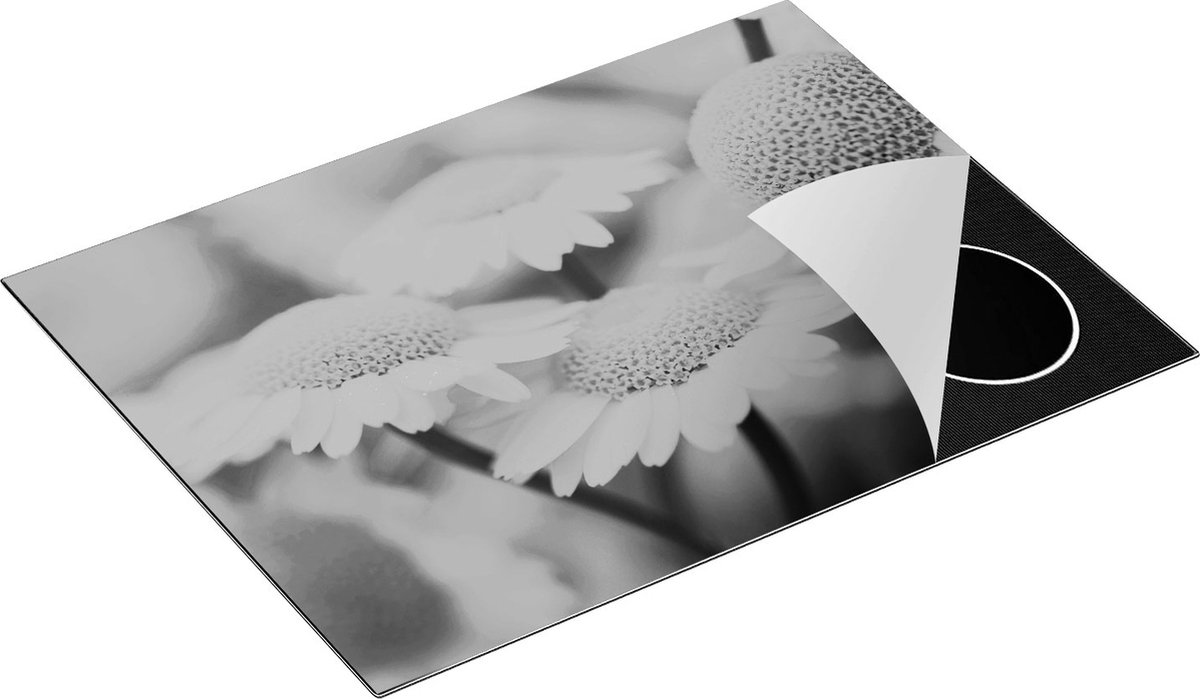 Chefcare Inductie Beschermer Gele Kamille Bloemen - Zwart Wit - 71x52 cm - Afdekplaat Inductie - Kookplaat Beschermer - Inductie Mat