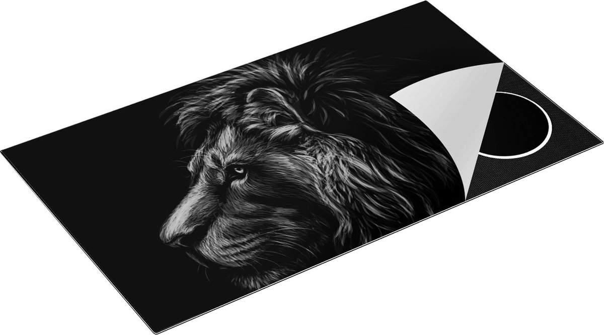 Chefcare Inductie Beschermer Getekende Leeuw - Leeuwenkop - Kleur - Zwart Wit - 90x55 cm - Afdekplaat Inductie - Kookplaat Beschermer - Inductie Mat