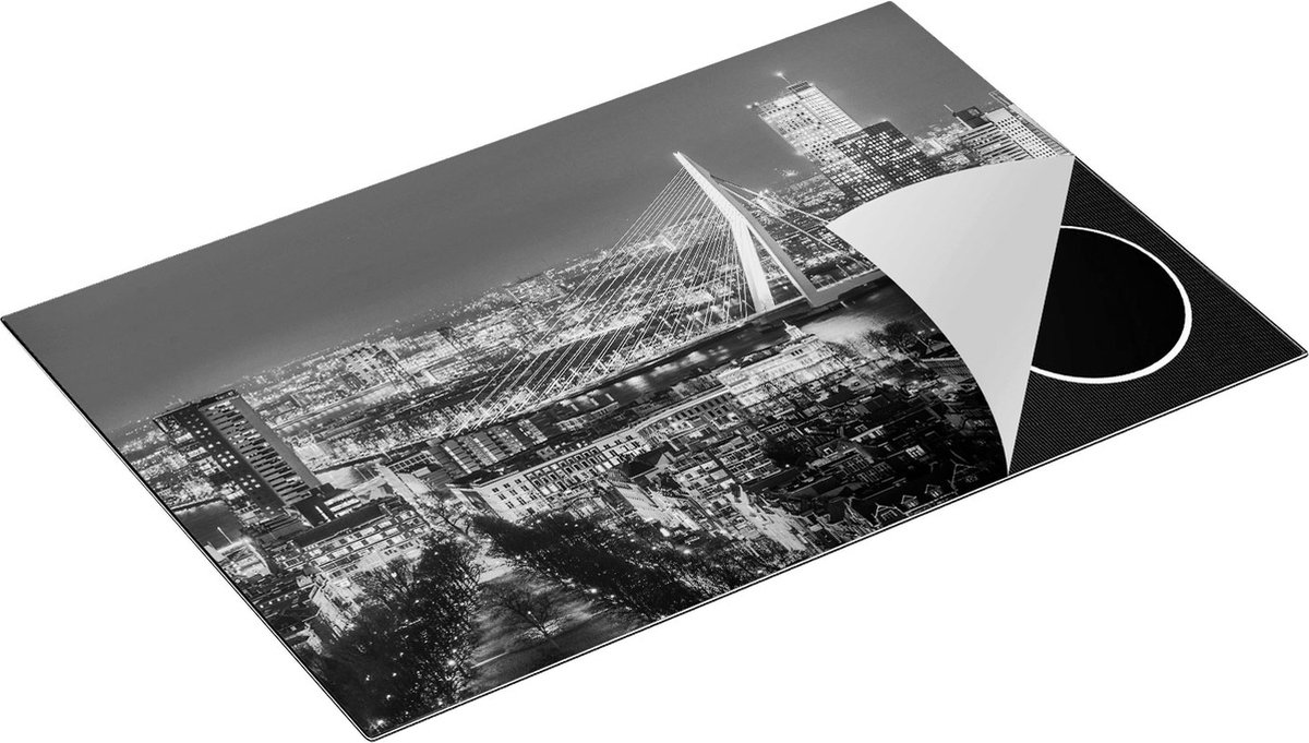 Chefcare Inductie Beschermer Rotterdamse Skyline met de Erasmusbrug - Zwart Wit - 83x51,5 cm - Afdekplaat Inductie - Kookplaat Beschermer - Inductie Mat