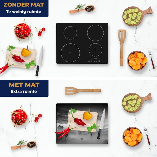 Chefcare Inductie Beschermer Boeddha Beeld in de Mist - Zwart Wit - 65x52 cm - Afdekplaat Inductie - Kookplaat Beschermer - Inductie Mat